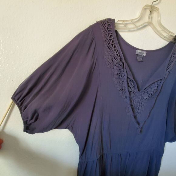 Poetry Peasant Blouse Women's L Gray Blue Short Sleeve Crochet Lace Rayon Boho - Picture 8 of 10